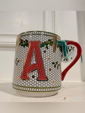 Anthropologie Cup of Cheer Monogram A Christmas Mug Honeycomb Gold Initial